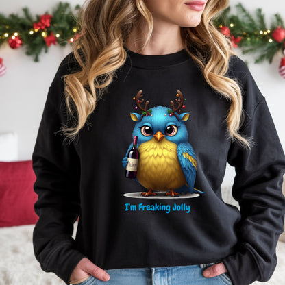 Freaking Jolly Shirt, Funny Christmas Wine Lover SweatShirt, Cute Holiday Bird Drinking Tee, Ugly Sweater Party Alternative Xmas Gift