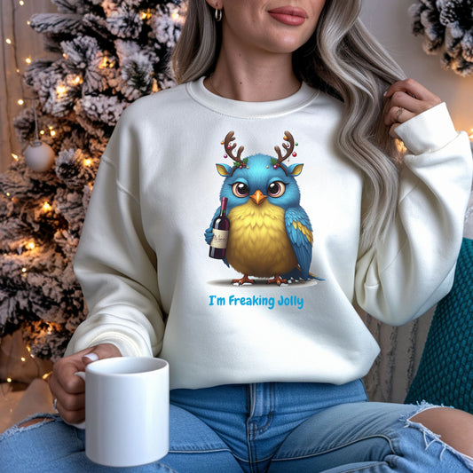 Freaking Jolly Shirt, Funny Christmas Wine Lover SweatShirt, Cute Holiday Bird Drinking Tee, Ugly Sweater Party Alternative Xmas Gift