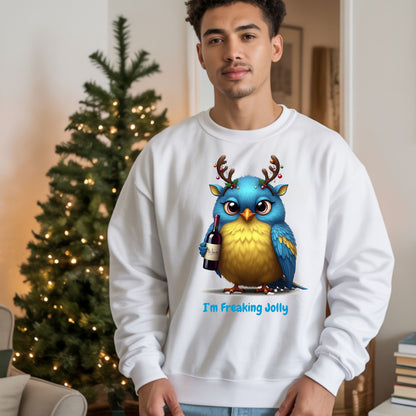 Freaking Jolly Shirt, Funny Christmas Wine Lover SweatShirt, Cute Holiday Bird Drinking Tee, Ugly Sweater Party Alternative Xmas Gift