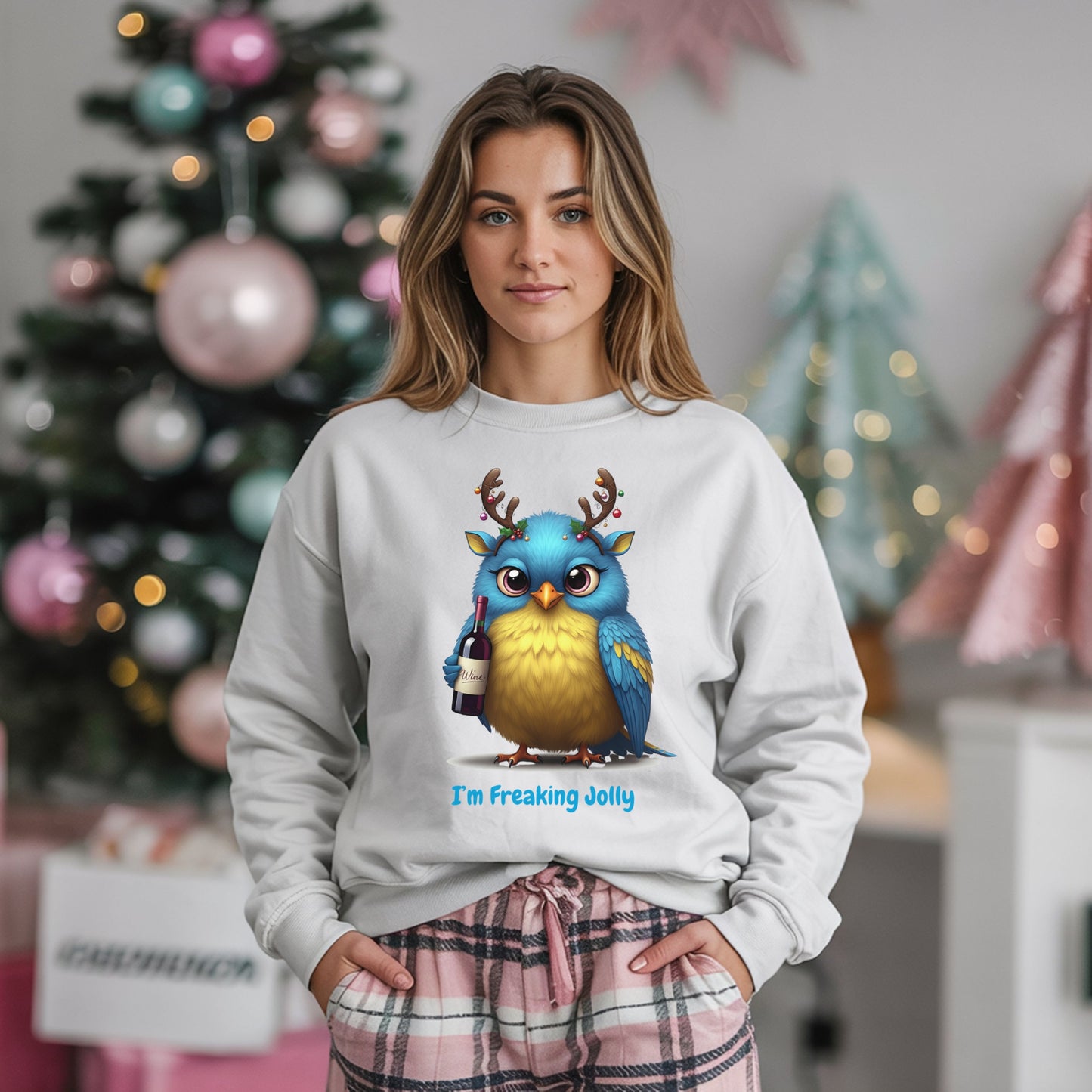 Freaking Jolly Shirt, Funny Christmas Wine Lover SweatShirt, Cute Holiday Bird Drinking Tee, Ugly Sweater Party Alternative Xmas Gift