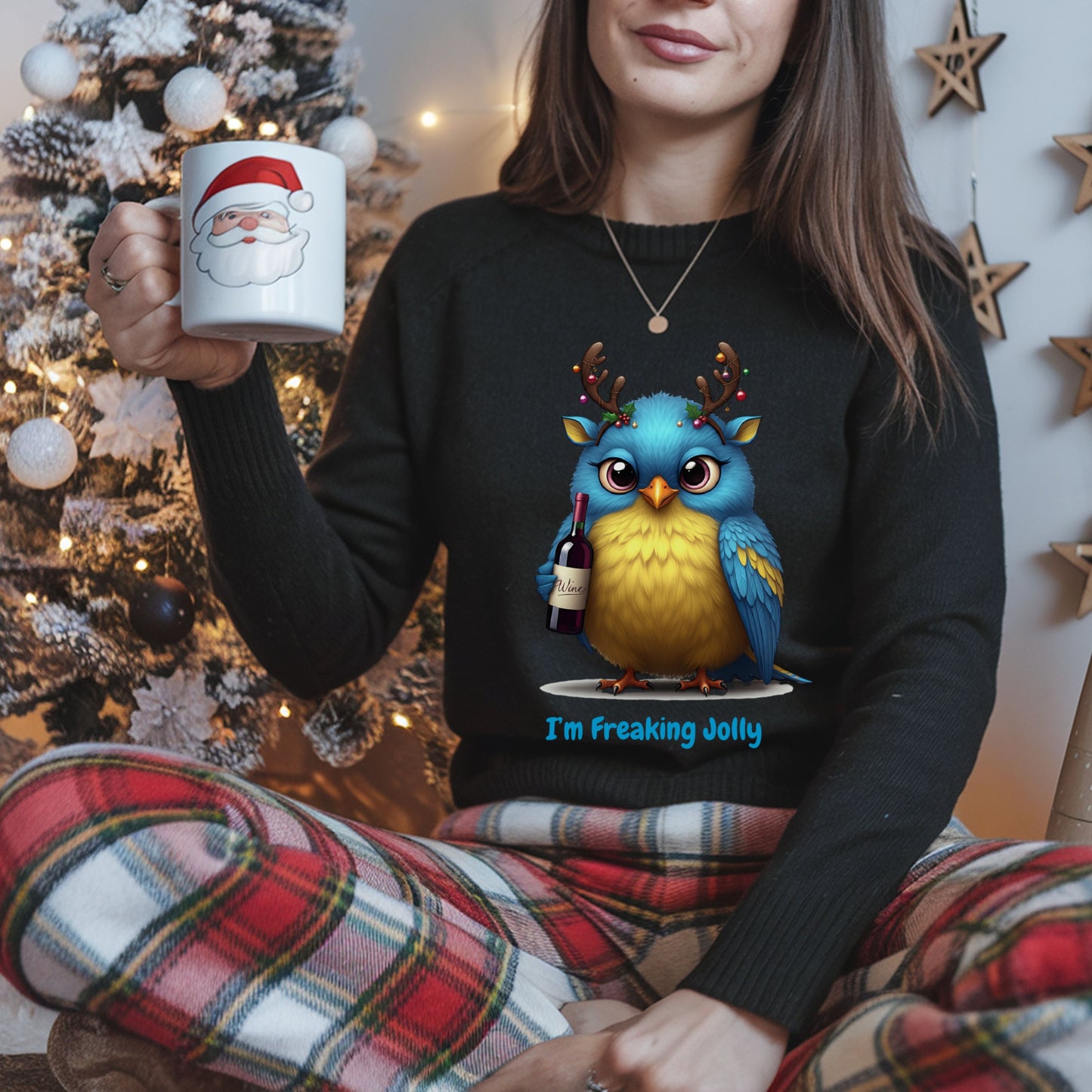 Freaking Jolly Shirt, Funny Christmas Wine Lover SweatShirt, Cute Holiday Bird Drinking Tee, Ugly Sweater Party Alternative Xmas Gift