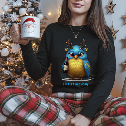 Freaking Jolly Shirt, Funny Christmas Wine Lover SweatShirt, Cute Holiday Bird Drinking Tee, Ugly Sweater Party Alternative Xmas Gift