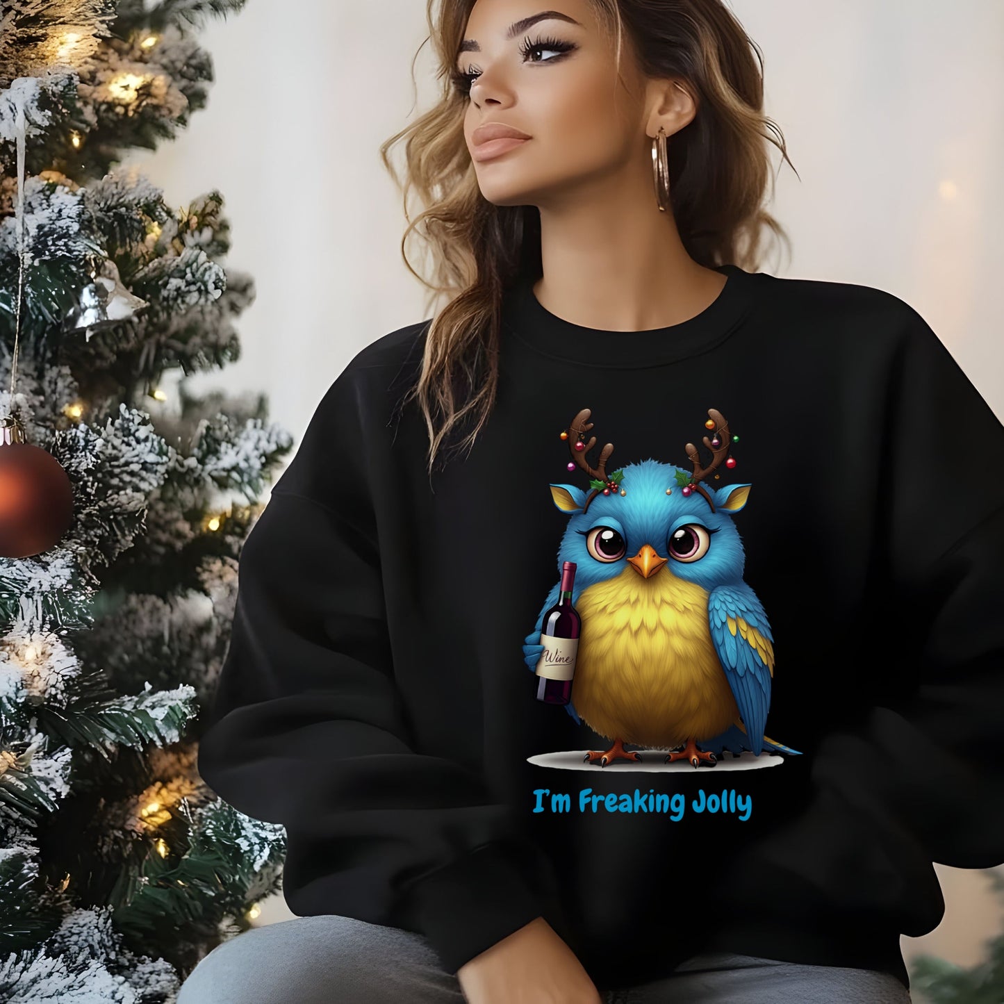 Freaking Jolly Shirt, Funny Christmas Wine Lover SweatShirt, Cute Holiday Bird Drinking Tee, Ugly Sweater Party Alternative Xmas Gift