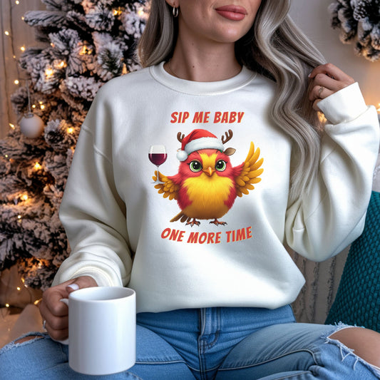 Funny Christmas Wine Tee, Holiday Drinking Sweatshirt, Sip Me Baby One More Time Shirt, Santa Bird T-shirt, Wine Lover Gift, Bird Lover Gift