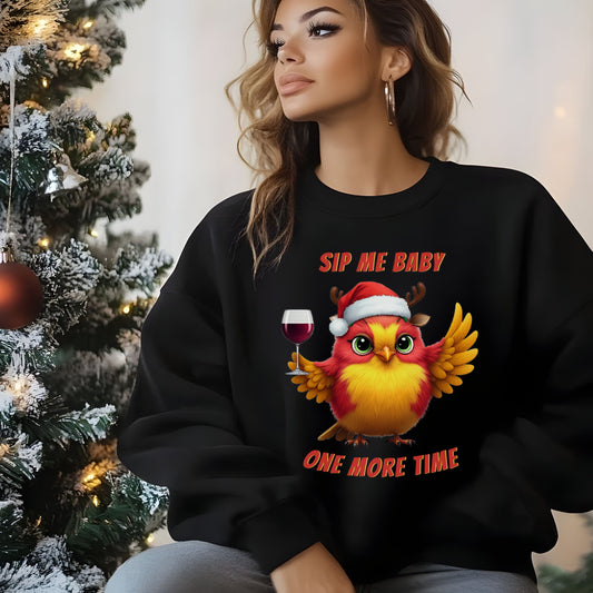 Funny Christmas Wine Tee, Holiday Drinking Sweatshirt, Sip Me Baby One More Time Shirt, Santa Bird T-shirt, Wine Lover Gift, Bird Lover Gift