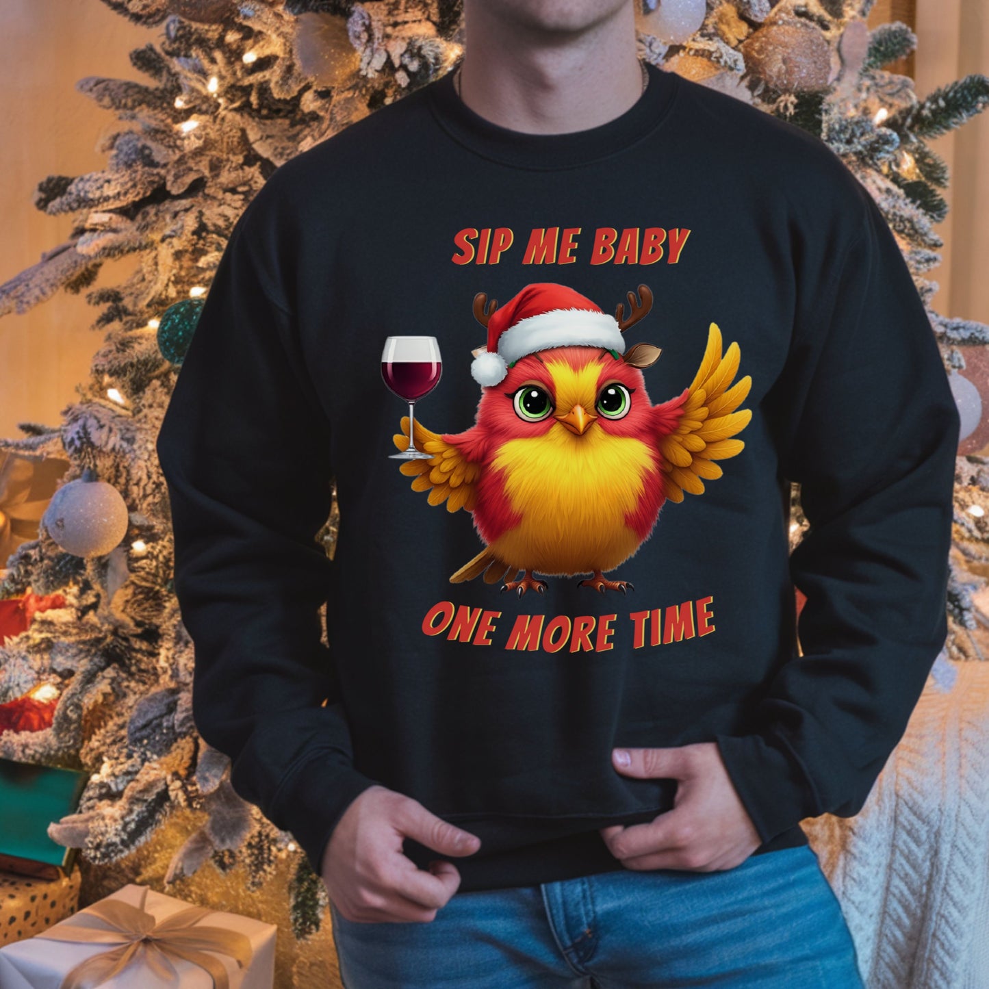 Funny Christmas Wine Tee, Holiday Drinking Sweatshirt, Sip Me Baby One More Time Shirt, Santa Bird T-shirt, Wine Lover Gift, Bird Lover Gift