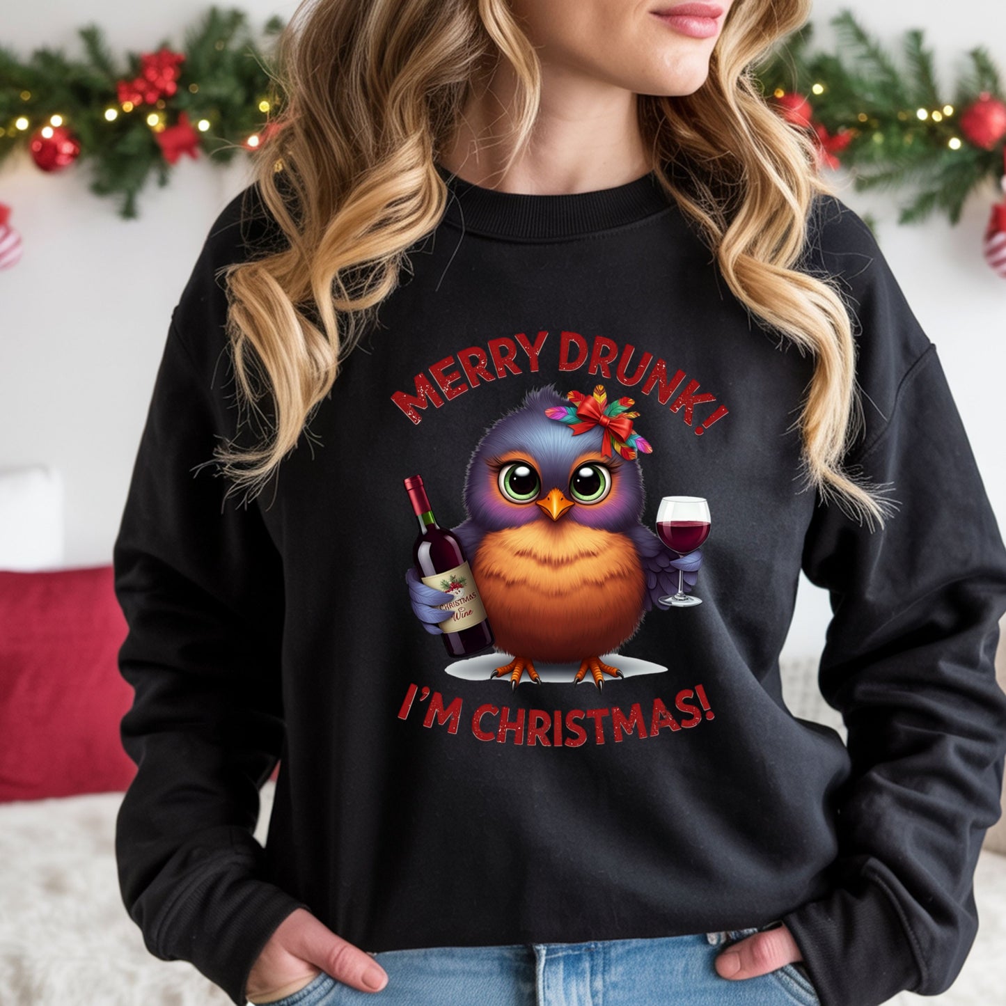Merry Drunk I'm Christmas Sweatshirt, Funny Wine Lover Shirt, Cute Bird Xmas Drinking Top, Ugly Sweater Party Alternative Gift