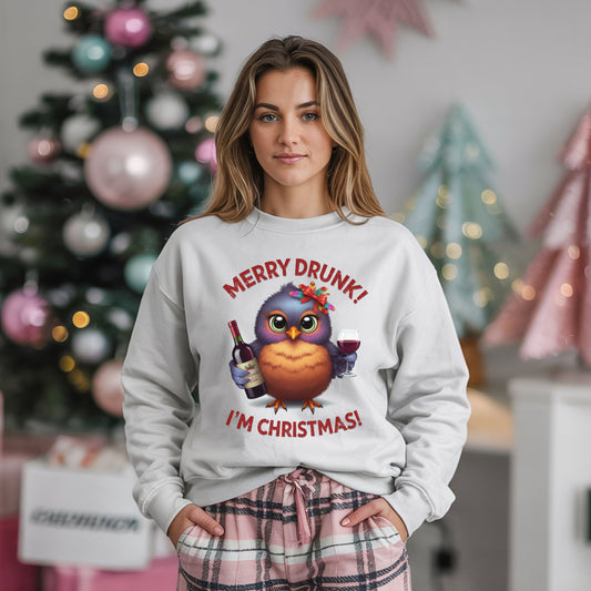 Merry Drunk I'm Christmas Sweatshirt, Funny Wine Lover Shirt, Cute Bird Xmas Drinking Top, Ugly Sweater Party Alternative Gift