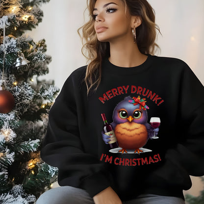 Merry Drunk I'm Christmas Sweatshirt, Funny Wine Lover Shirt, Cute Bird Xmas Drinking Top, Ugly Sweater Party Alternative Gift