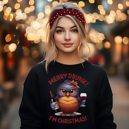 Merry Drunk I'm Christmas Sweatshirt, Funny Wine Lover Shirt, Cute Bird Xmas Drinking Top, Ugly Sweater Party Alternative Gift