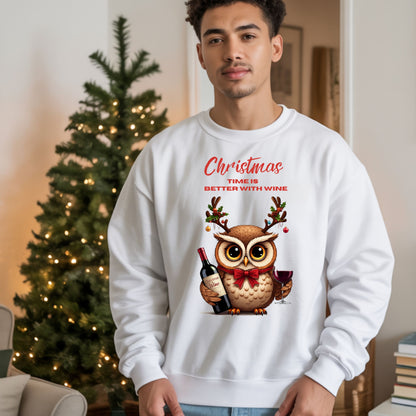Wine Lovers Funny Christmas Owl Shirt, Cute Holiday SweatShirt, Xmas Party Sweat, Ugly Sweater Alternative, Owl Wine Gift for Women Men
