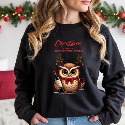 Wine Lovers Funny Christmas Owl Shirt, Cute Holiday SweatShirt, Xmas Party Sweat, Ugly Sweater Alternative, Owl Wine Gift for Women Men