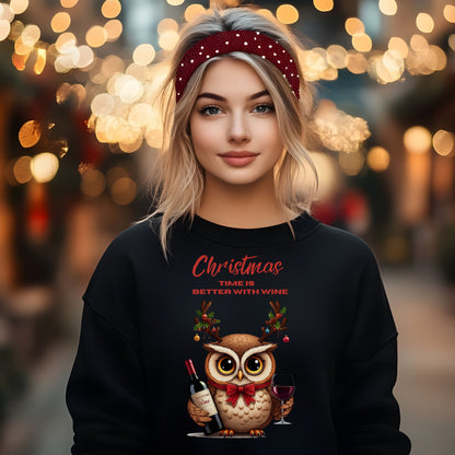 Wine Lovers Funny Christmas Owl Shirt, Cute Holiday SweatShirt, Xmas Party Sweat, Ugly Sweater Alternative, Owl Wine Gift for Women Men
