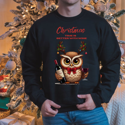 Wine Lovers Funny Christmas Owl Shirt, Cute Holiday SweatShirt, Xmas Party Sweat, Ugly Sweater Alternative, Owl Wine Gift for Women Men