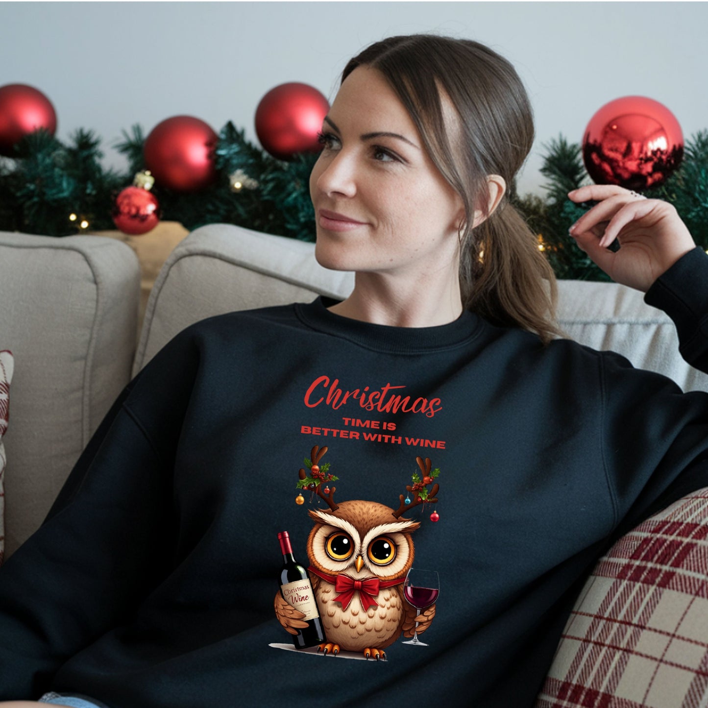 Wine Lovers Funny Christmas Owl Shirt, Cute Holiday SweatShirt, Xmas Party Sweat, Ugly Sweater Alternative, Owl Wine Gift for Women Men