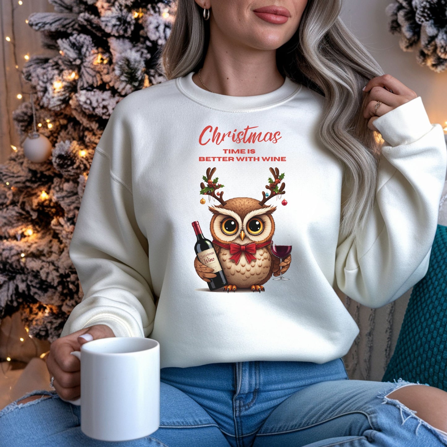 Wine Lovers Funny Christmas Owl Shirt, Cute Holiday SweatShirt, Xmas Party Sweat, Ugly Sweater Alternative, Owl Wine Gift for Women Men