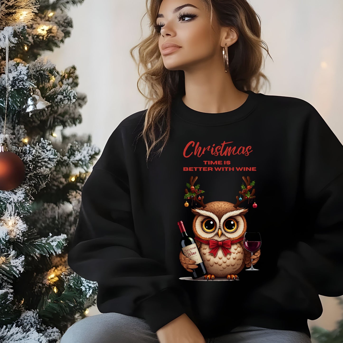 Wine Lovers Funny Christmas Owl Shirt, Cute Holiday SweatShirt, Xmas Party Sweat, Ugly Sweater Alternative, Owl Wine Gift for Women Men