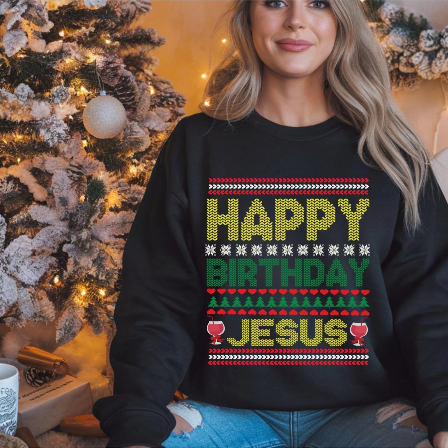 Happy Birthday Jesus Ugly Christmas Sweatshirt Christmas Gift, Religious Apparel, Holiday Wear, Church Event Sweatshirt Gift for Her