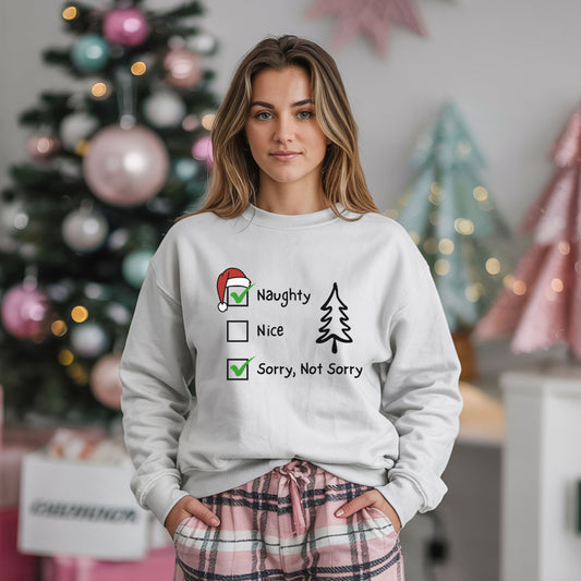 Funny Christmas Sweatshirt, Naughty & Nice Sorry Not Sorry Checkboxes Sweat,  Sarcastic Xmas Top, Humorous Naughty List Sweatshirt