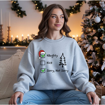 Funny Christmas Sweatshirt, Naughty & Nice Sorry Not Sorry Checkboxes Sweat,  Sarcastic Xmas Top, Humorous Naughty List Sweatshirt