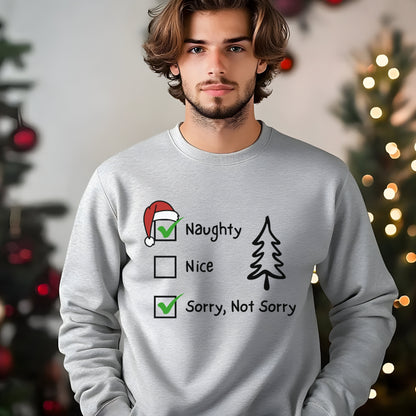 Funny Christmas Sweatshirt, Naughty & Nice Sorry Not Sorry Checkboxes Sweat,  Sarcastic Xmas Top, Humorous Naughty List Sweatshirt