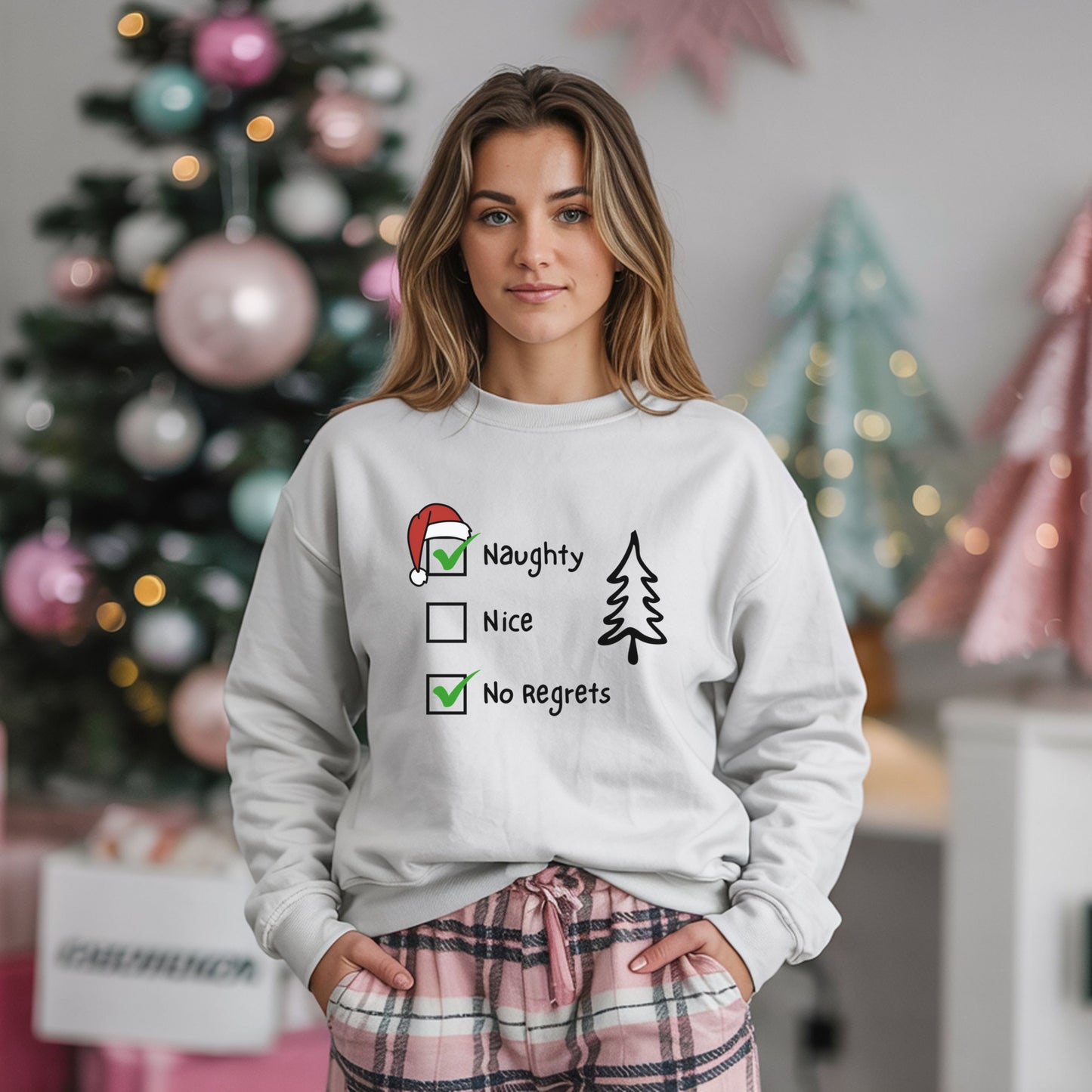 Funny Christmas Sweatshirt, Naughty & Nice No Regrets Checkboxes Sweat,  Sarcastic Xmas Top, Humorous Naughty List Sweatshirt