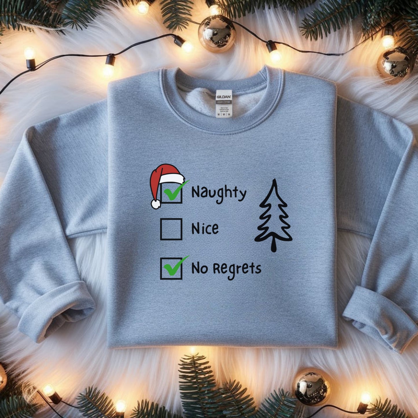 Funny Christmas Sweatshirt, Naughty & Nice No Regrets Checkboxes Sweat,  Sarcastic Xmas Top, Humorous Naughty List Sweatshirt