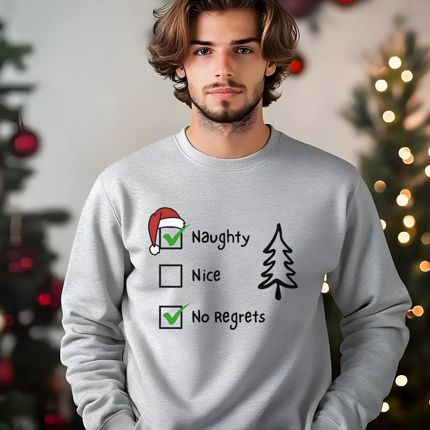 Funny Christmas Sweatshirt, Naughty & Nice No Regrets Checkboxes Sweat,  Sarcastic Xmas Top, Humorous Naughty List Sweatshirt