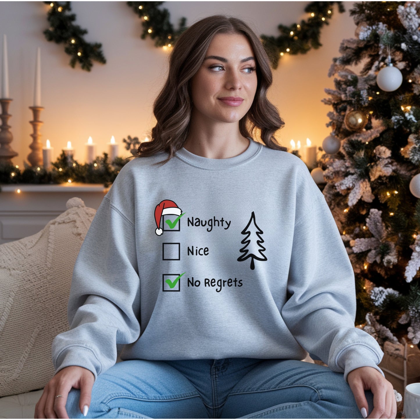 Funny Christmas Sweatshirt, Naughty & Nice No Regrets Checkboxes Sweat,  Sarcastic Xmas Top, Humorous Naughty List Sweatshirt