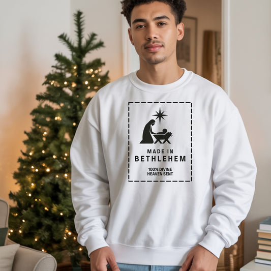 Made in Bethlehem Nativity Label: Christian Christmas Shirt, Faith Apparel