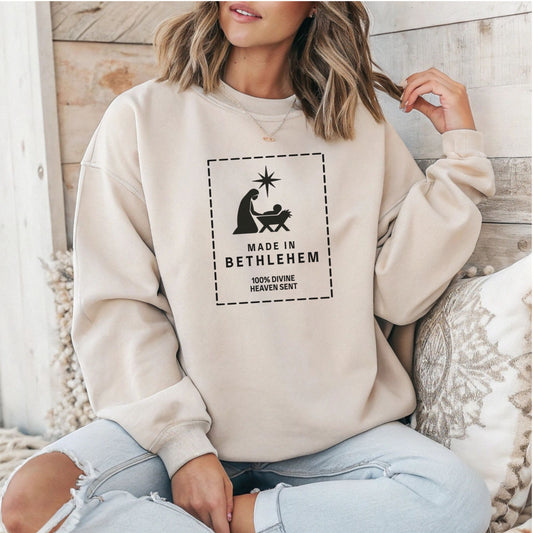Made in Bethlehem Nativity Label: Christian Christmas Shirt, Faith Apparel