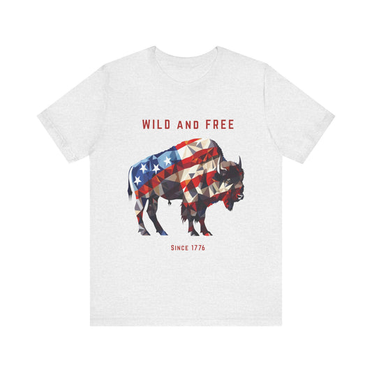 Bison T-shirt design with geometric American flag pattern. Perfect for Independence day celebrations, animal lovers or those who wish to show patriotism everyday.