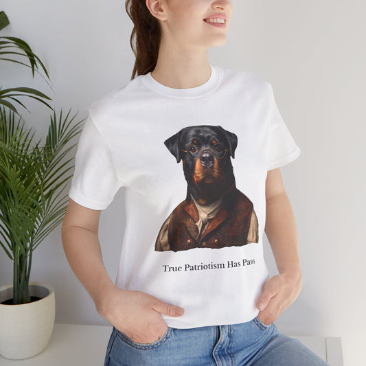 Rottweiler dressed as Benjamin Franklin,Patriotic Dog Lover Tee, Unisex Graphic T-Shirt, Casual Wear, Gift for Dog Owners, Fun Animal Apparel, Summer Fashion