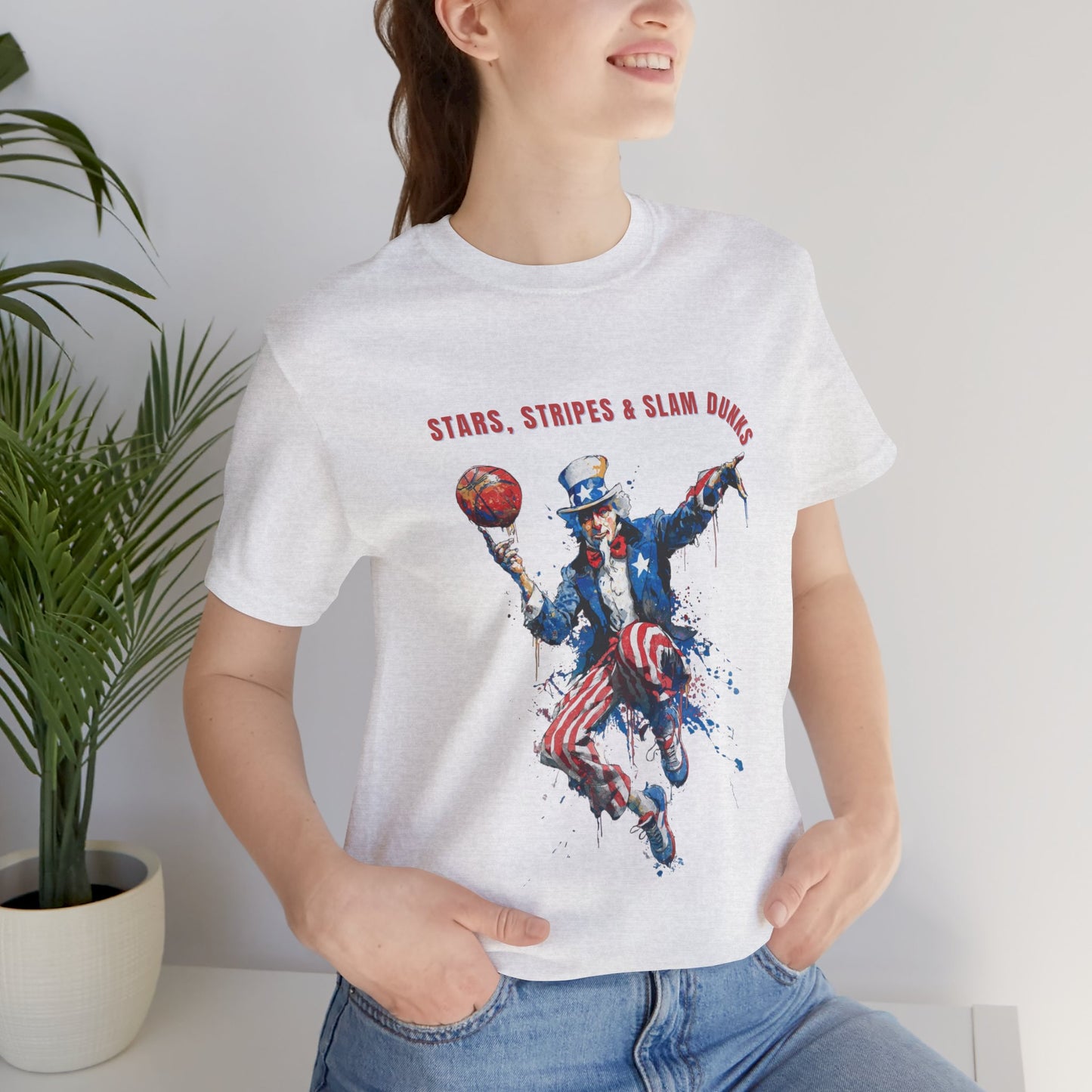 Uncle Sam Patriotic Basketball design with "Stars stripes and Slam Dunks" wording for this Patriotic Americana T-shirt design.  Celebrate sport and patriotism in one amazing design.
