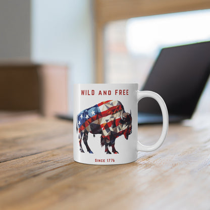 Wild and Free Patriotic Bison Mug, Wild and Free Coffee Cup, Fourth of July Gift, Rustic Animal Lover Gift, Americana Home Decor
