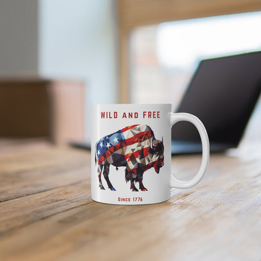 Wild and Free Patriotic Bison Mug, Wild and Free Coffee Cup, Fourth of July Gift, Rustic Animal Lover Gift, Americana Home Decor