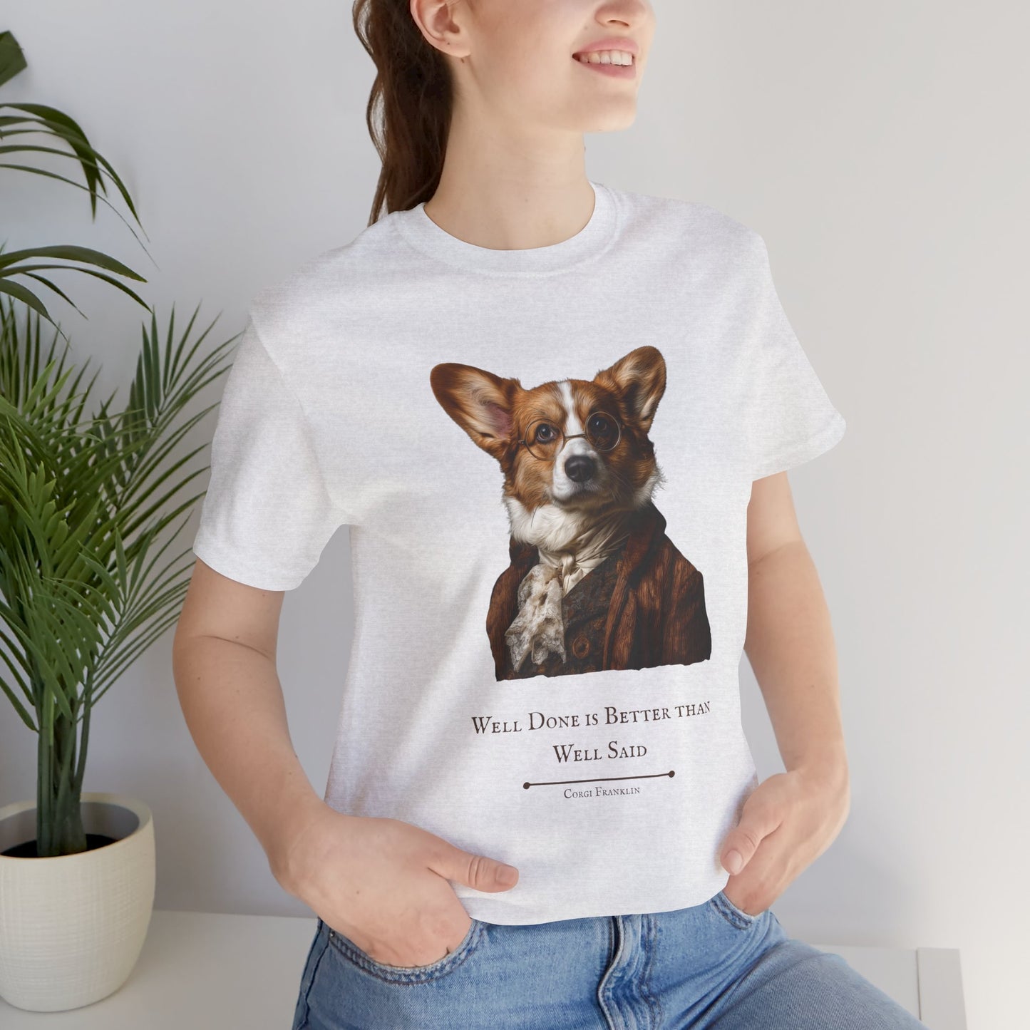 Corgi Dog dressed as Benjamin Franklin, perfect for Independence Day celebrations with this cute Patriotic Tee