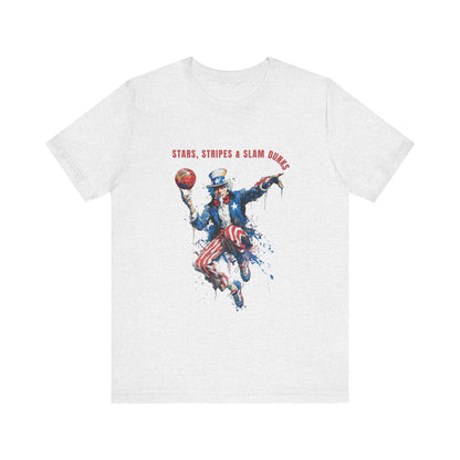 Uncle Sam Patriotic Basketball design with "Stars stripes and Slam Dunks" wording for this Patriotic Americana T-shirt design.  Celebrate sport and patriotism in one amazing design.
