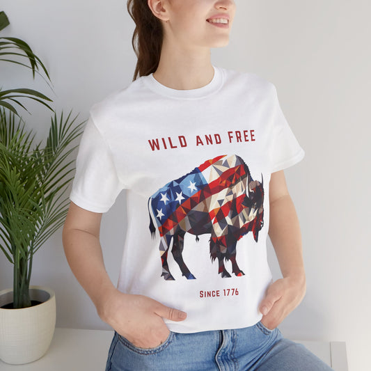 Bison T-shirt design with geometric American flag pattern. Perfect for Independence day celebrations, animal lovers or those who wish to show patriotism everyday.