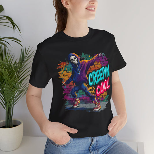 Halloween Skeleton Spooky T-shirt Graffiti Streetwear Creepin' Cool Graphic T-shirt, Unisex Halloween TShirt, Spooky Vibe Gift for Teens Tee