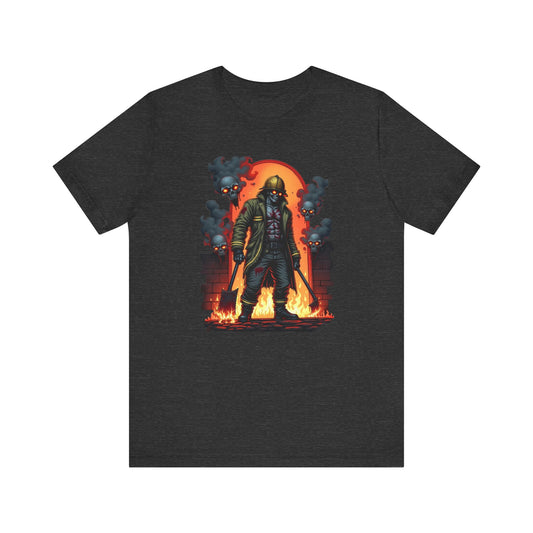 Halloween Skeleton Fireman T-shirt Skulls & Fire Graphic Shirt Halloween Costume Shirt Spooky Firefighter Shirt Halloween Costume