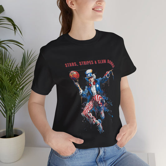 Uncle Sam Patriotic Basketball design with "Stars stripes and Slam Dunks" wording for this Patriotic Americana T-shirt design.  Celebrate sport and patriotism in one amazing design.