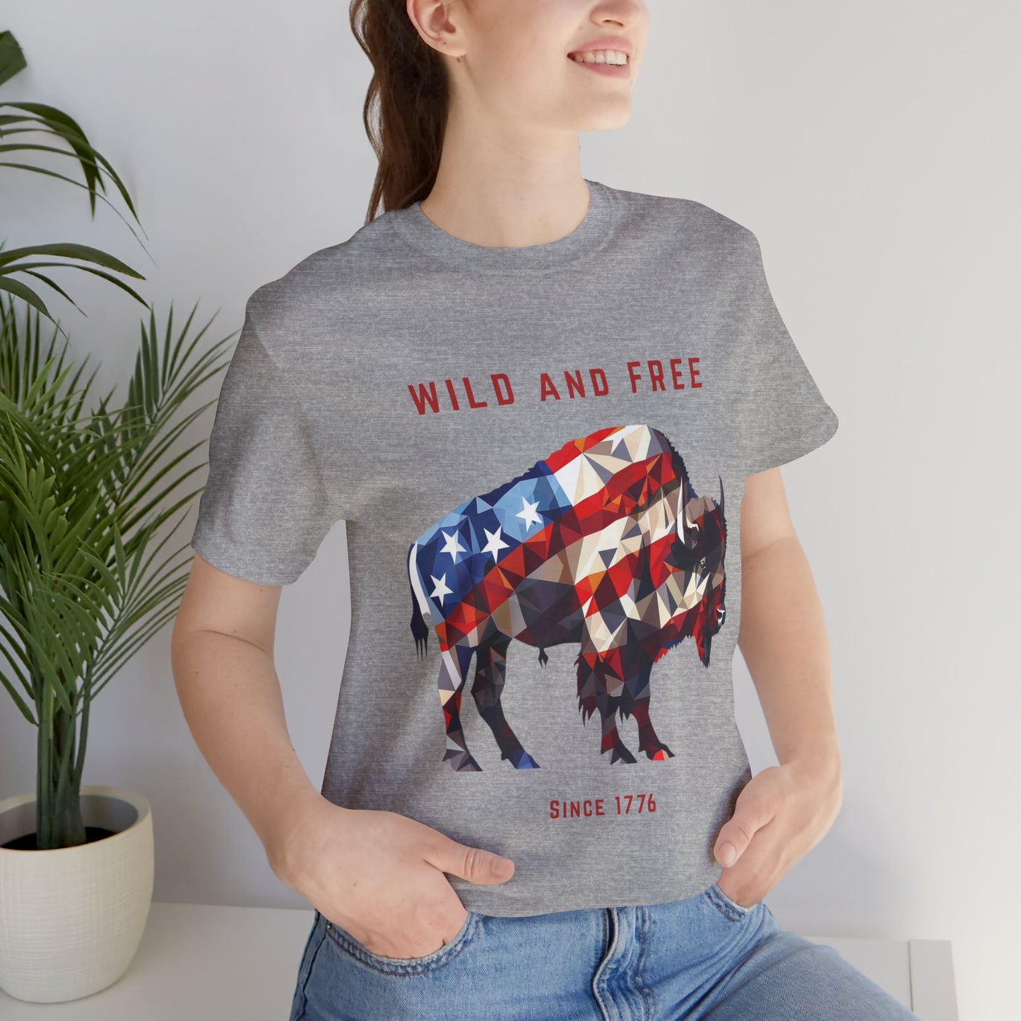 Bison T-shirt design with geometric American flag pattern. Perfect for Independence day celebrations, animal lovers or those who wish to show patriotism everyday.