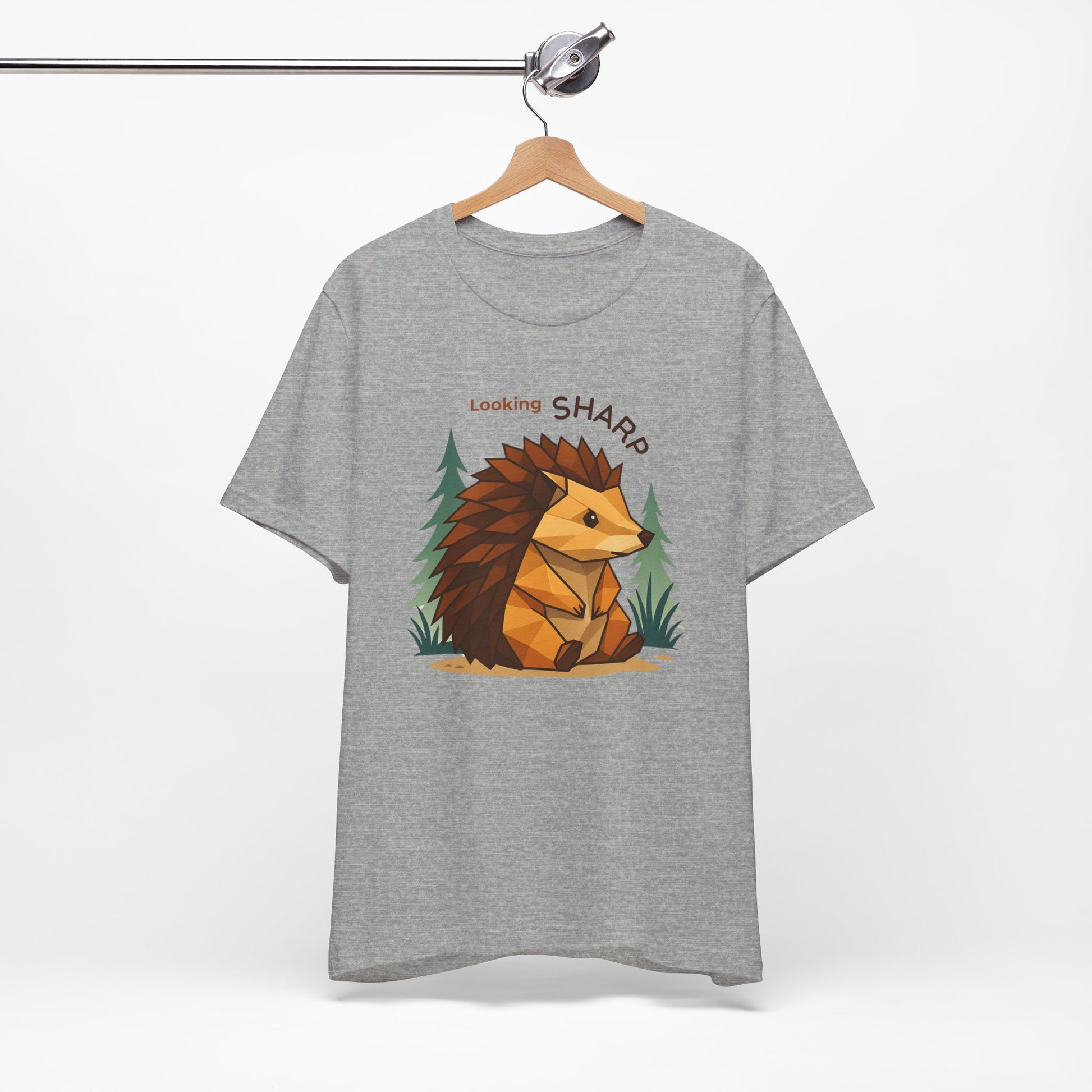 Athletic Heather - Looking Sharp Hedgehog T-shirt - Geometric Origami Design on hanger