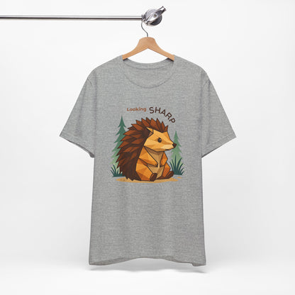 Athletic Heather - Looking Sharp Hedgehog T-shirt - Geometric Origami Design on hanger