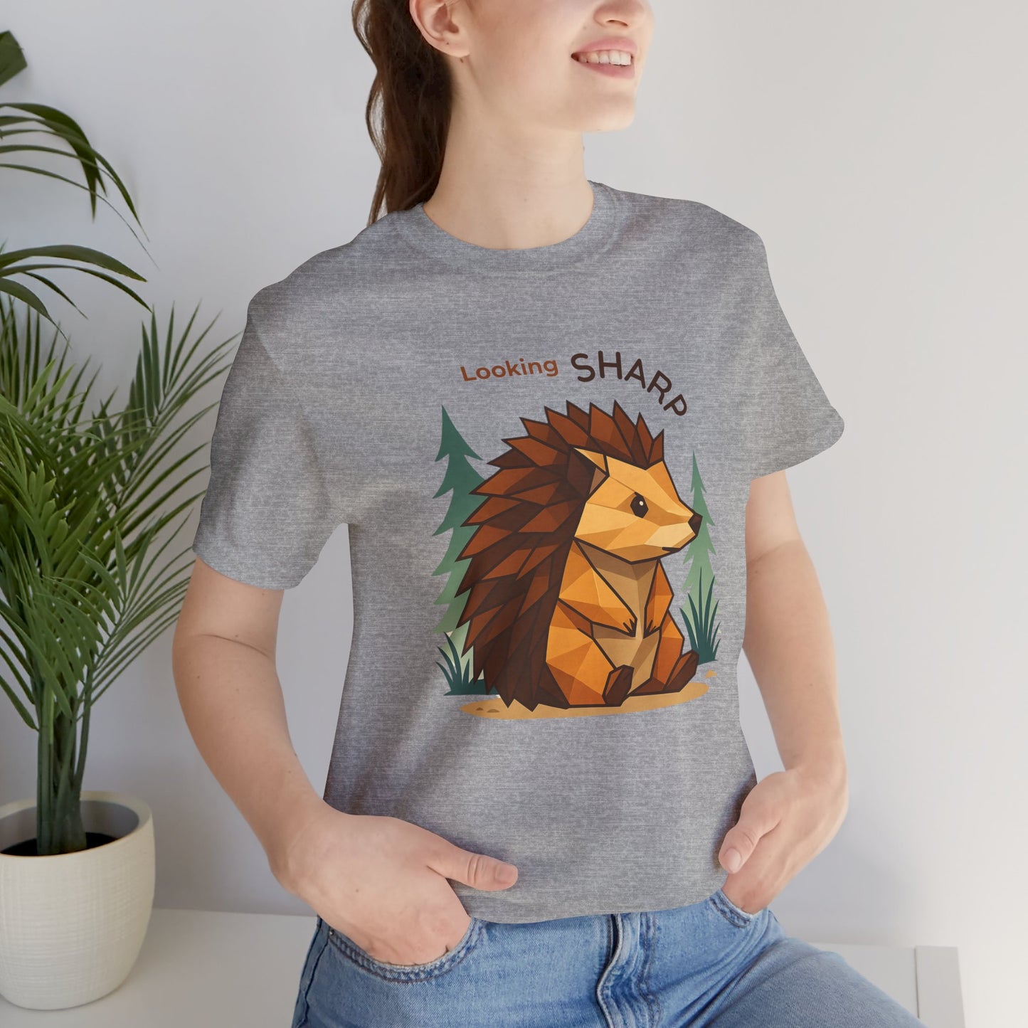 Athletic Heather - Looking Sharp Hedgehog T-shirt - Geometric Origami Design on model