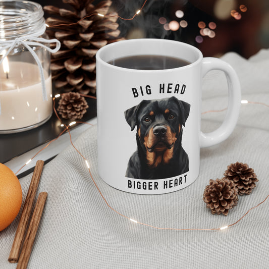 "Big Head Bigger Heart" - Rottweiler Mug on table