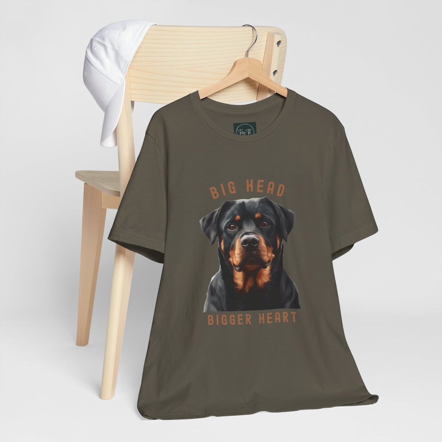"Big Head Bigger Heart" Dog Design - Rottweiler T-Shirt Army on hanger