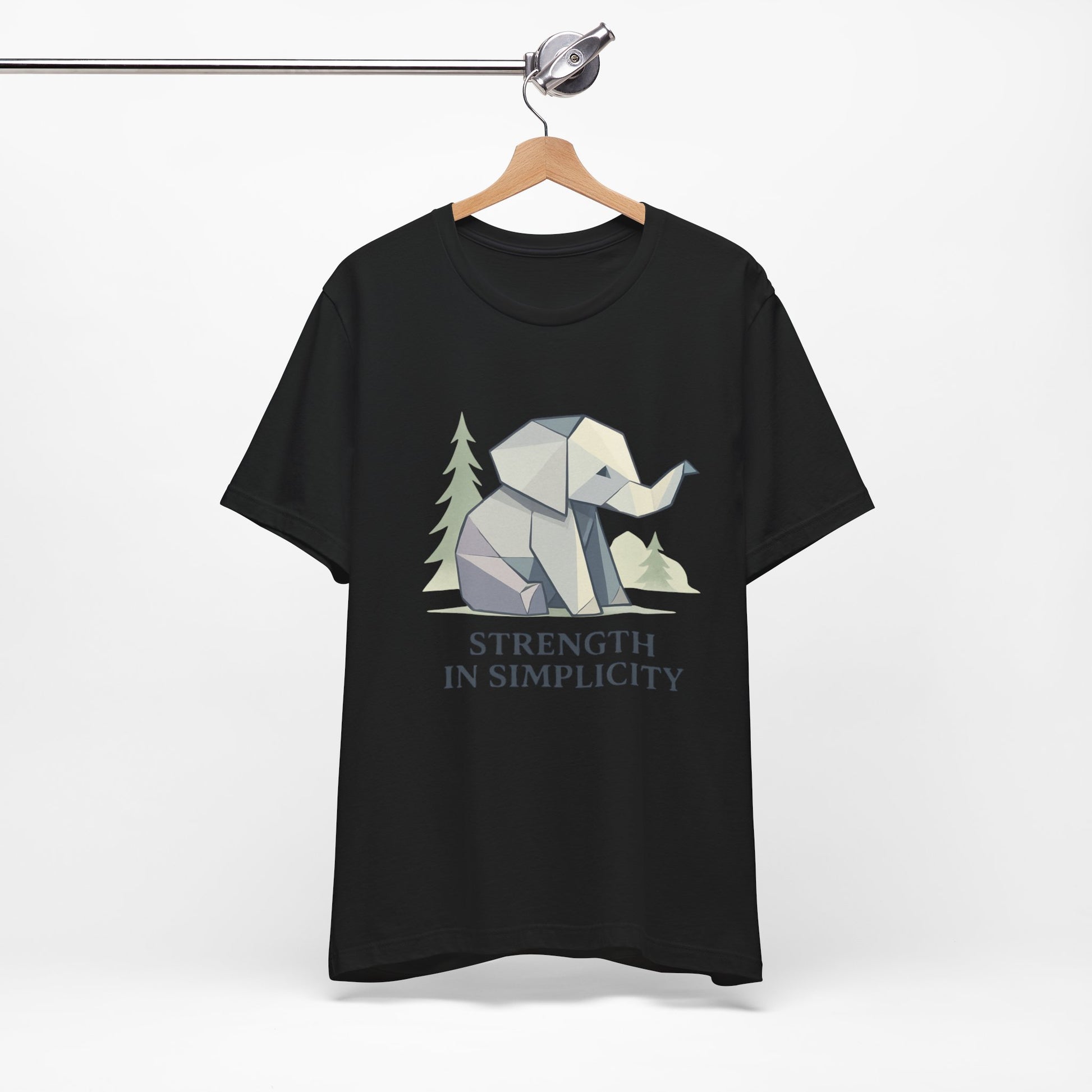 Black Geometric Origami Elephant Strength in Simplicity T-Shirt on hanger
