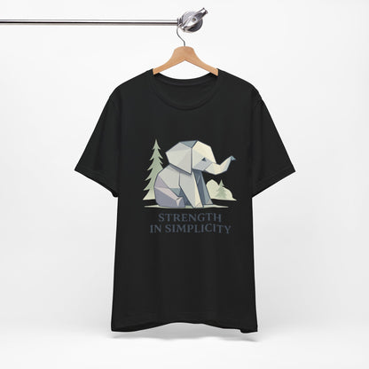 Black Geometric Origami Elephant Strength in Simplicity T-Shirt on hanger